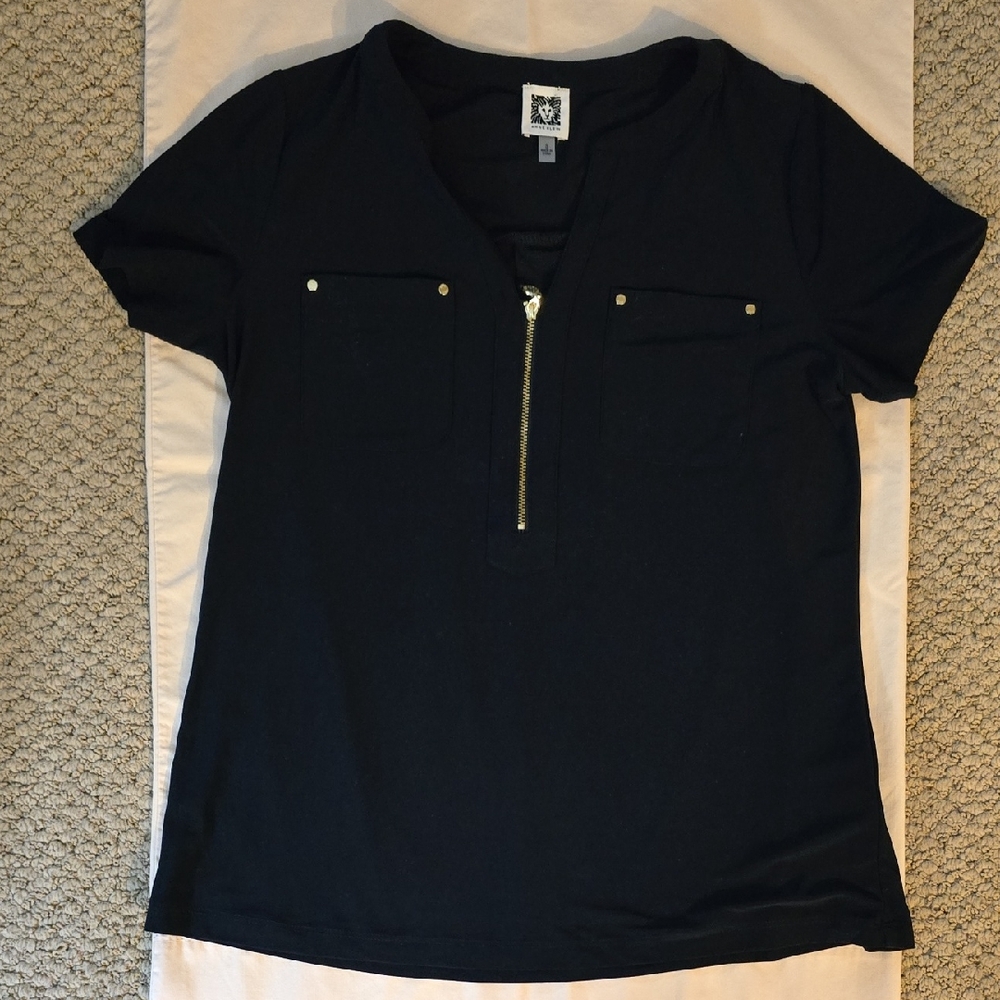 Anne Klein Black Short Sleeve‎ Blouse with Gold Zipper And Button Detail Size S